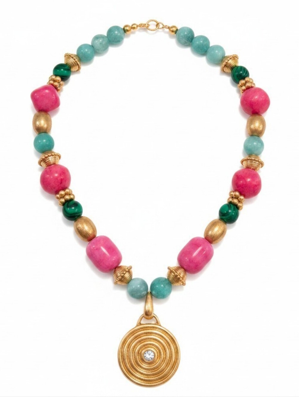 ๐โช๏ธ Piper Kโช๏ธPink Marble & Dyed Quartz Malachite Beaded 16in CZ Necklace